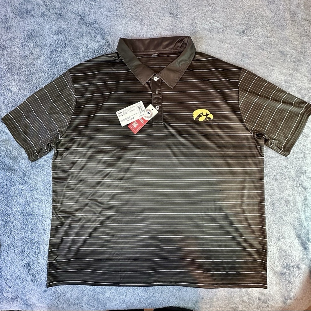 Iowa Hawkeyes Polo Shirt Men’s 2XL NWT Black Striped Polyester Short Sleeve 